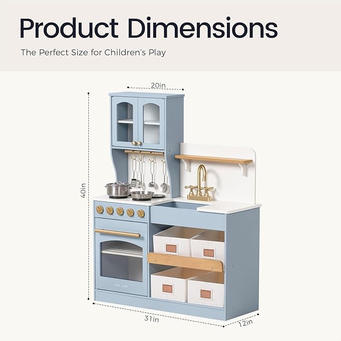 Tiny Land Wooden Play Kitchen Set - Toy Storage System, Plenty of Play Features, Ages 3+ (Blue)