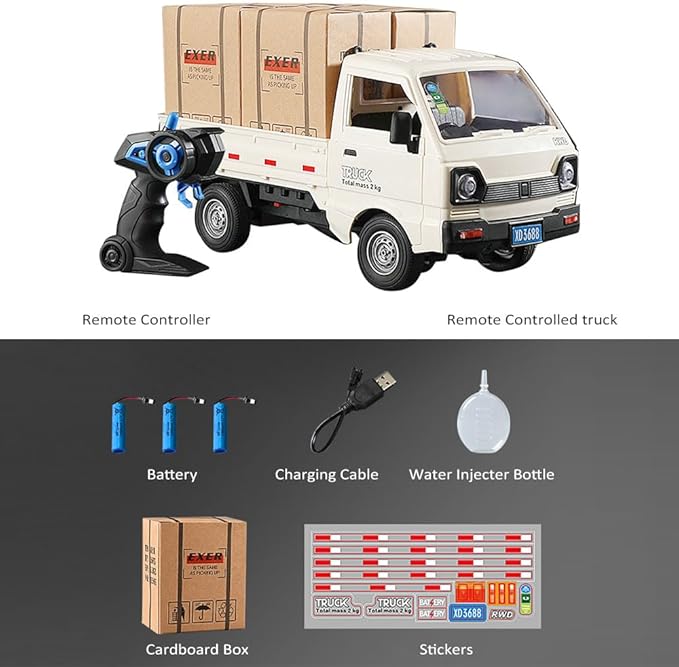 Remote Control Car RC Kei Truck,1:16 Scale RC Transporter Pickup Truck, 2.4GHz All Terrain RC Transport Cars with Spray & Light, 3 Batteries, Best Gifts Ideas for Kids Age 6 Year Old (White)