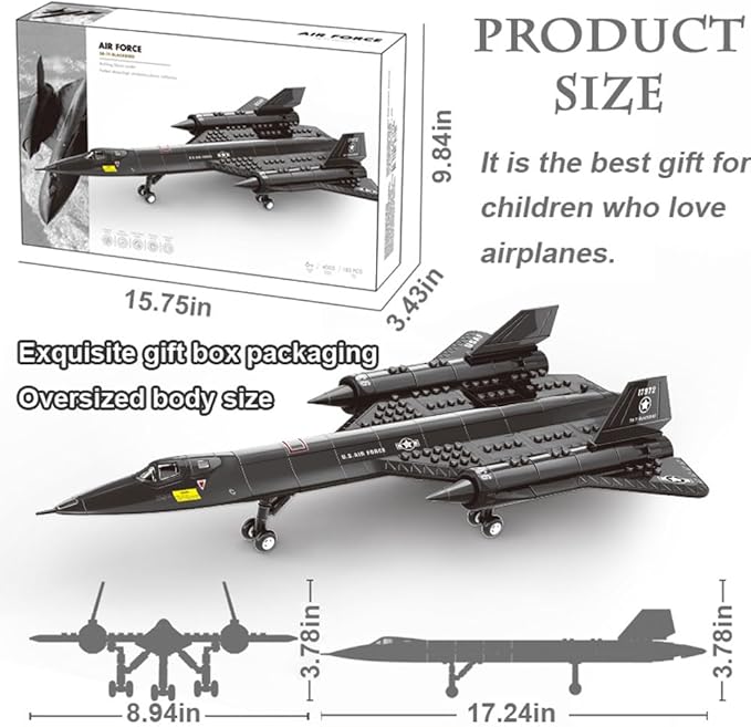 Military Series SR-71 Reconnaissance Aircraft Jet Blackbird Air Force Building Block Set,WW2 Military Fighter Airplanes Model,Plane Brick Building Toy Gifts for Kids and Adults,183PCS