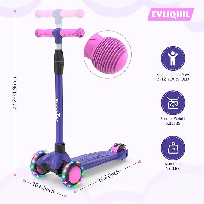 Kids Scooter,LED Lighted Wheels and 3 Adjustable Height Handlebars Scotters for Kids 3-12,3 Wheel Toddler Kick Scotter for Boys & Girls up to 132 Lbs.