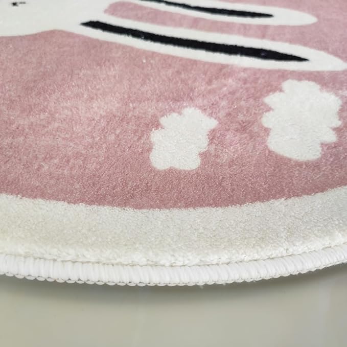 Poowe Pink Rabbit Soft Plush Round Rug for Kids Room - 4 ft Alphabet Non Slip Nursery Bedroom Playroom Washable Classroom ABC Circle Rug for Kids Baby Toddlers