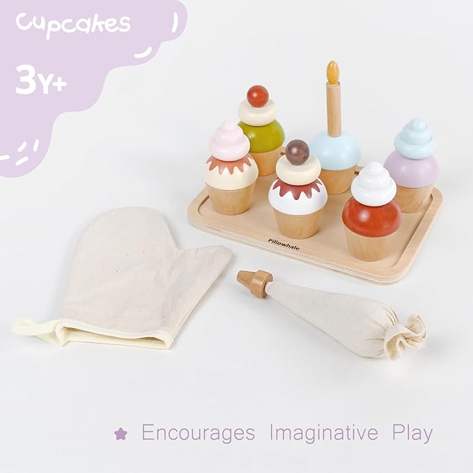Wooden Cupcakes Toy,Kids Kitchen Playset,Pretend Play Food with Menu,Birthday Cake Toy for Toddlers Boys Girls Ages 3+