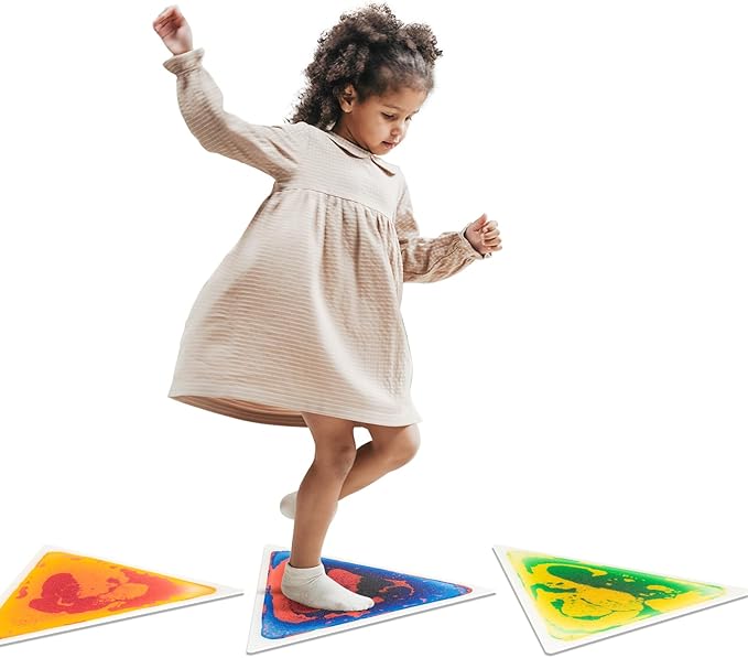Art3d 4-Pack Triangle Liquid Sensory Floor Tiles, Colorful Liquid Fusion Play Mats for Kids Toddler, 15" x 15"