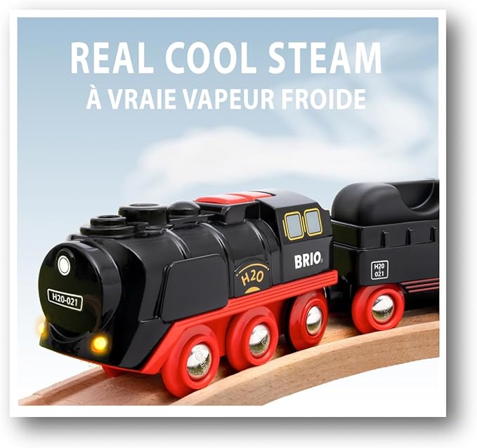 BRIO World Battery-Operated Steaming Train - 3-Piece Motorized Train Engine for Wooden Track with Lights and Kid-Friendly Steam - Interactive Play with Forward/Reverse - for Kids 3 & Up