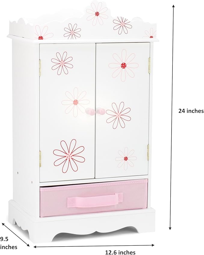Emily Rose 18 Inch Doll Clothes Wooden Storage Closet Cabinet with 5 Clothing Hangers - Fits 18" American Girl Doll Clothes and Accessories l Miniature Bedroom Armoire Furniture Gift Playset (Floral)