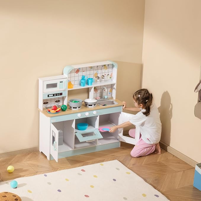 VEVOR Play Kitchen for Kids, Wooden Toy Kitchen Set with Lights and Sounds, Toddler Kitchen with Ice Maker, Oven, Sink, Microwaves, Fridge and Utensil and Fruit Accessory for Toddlers Ages 3-8, White