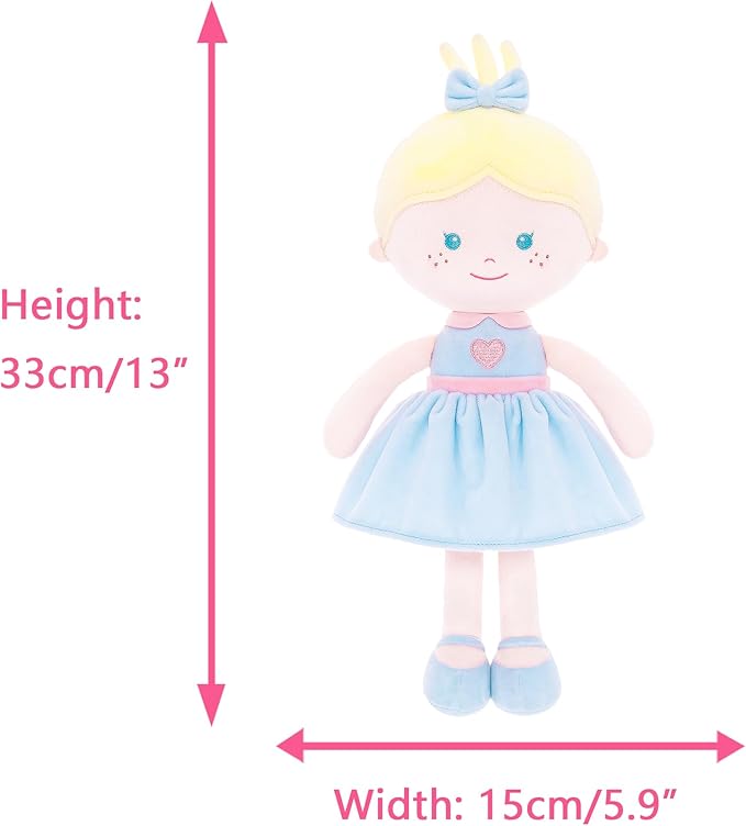 Onetoo Soft Baby Doll for Girls Plush Rag Doll Sleeping Cuddle Buddy Doll First Baby Doll Wear Blue Love Dress 14"