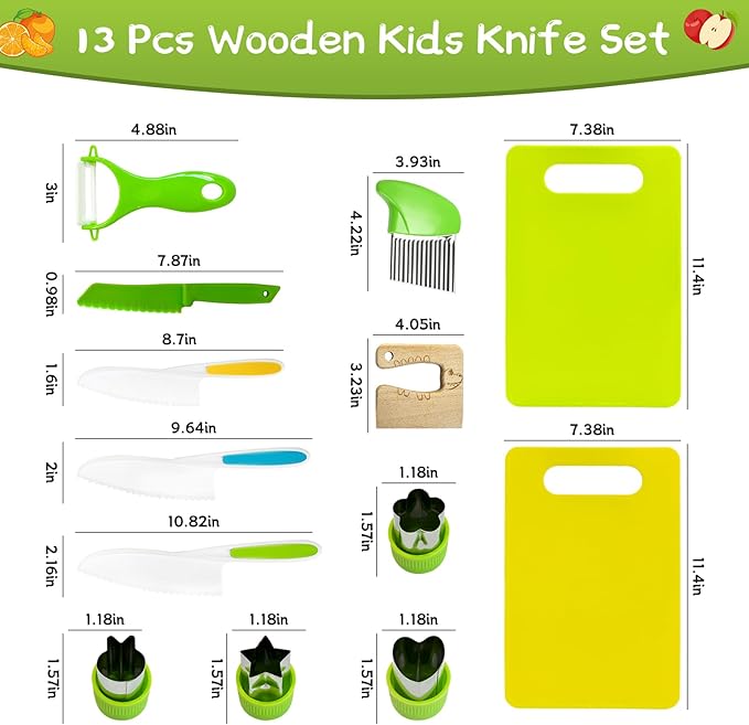 13 Pieces Kids Safe Knife Set for Real Cooking Child-Friendly Plastic Chef Tools Montessori Kitchen Toys for Toddlers with Bright Colors Gifts for Boys and Girls