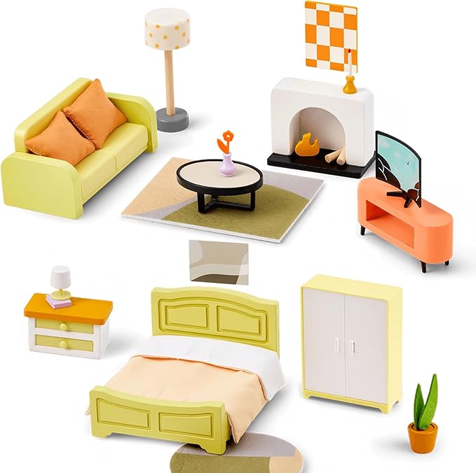 Giant bean 27pcs Green Wooden Plastic Dollhouse Furniture, Modern Living Room Bedroom Set, Dollhouse Accessories Pretend Play Furniture Toys for Boys Girls Kids & Toddlers 3+