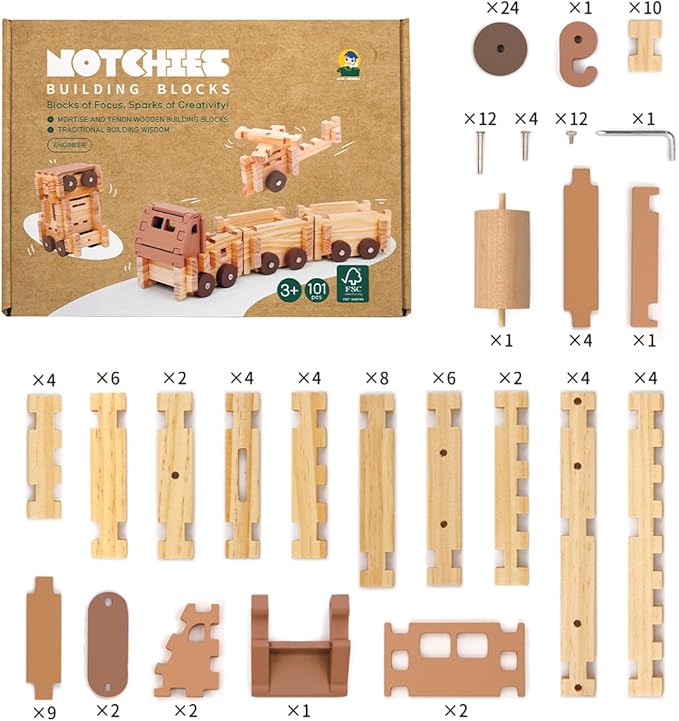 Jovi-mindly&Notchies Wooden Blocks Train Set 101 PCS Create 40+ Shapes,Toys Educational Wooden Building Blocks Puzzles for Kids Ages 5-8 Boys and Girls,Truck/Excavator,FSC Certified,Graduate Gifts