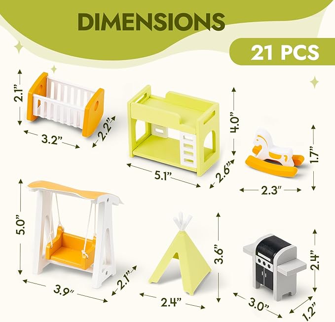 Giant bean 21pcs Wooden Plastic Dollhouse Furniture Set, Patio and Babyroom Set, Green Dollhouse Accessories Pretend Play Furniture Toys for Boys Girls Kids & Toddlers 3 4 5 6 Years up