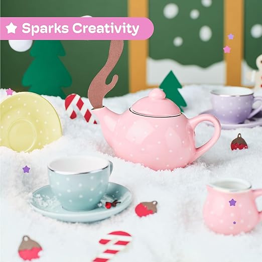 Jewelkeeper 13 Piece Complete Toddler Porcelain Tea Party Set - Exquisite Tea Cup Set for Little Girls - Includes Sugar Bowl, Creamer, Saucers in a Carrying Case - Colorful Pastel Dots