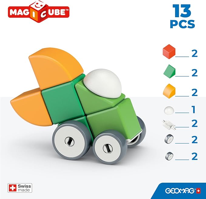 Geomag Swiss-Made MagiCube 13-Piece Magnetic Shapes & Wheels Building Set, Cars & Characters, Stacking Blocks for Toddlers & Kids Ages 1-5, STEM Educational Toy, Creativity, Imagination, Learning