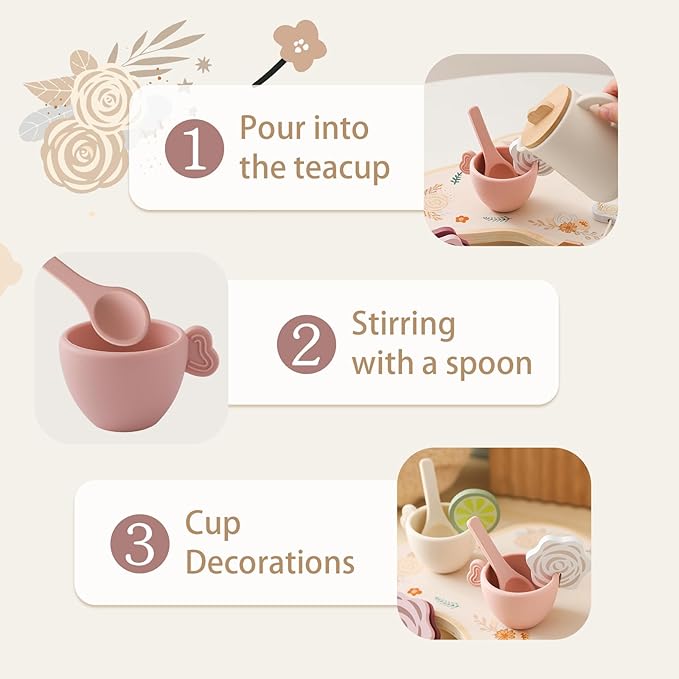 Tea Party Set for Little Girls, Silicone & Wooden Tea Set for Toddler with Silicone Teapot Cups Carrying Tray Scoop, Pretend Play Accessories Kids Kitchen Wooden Toys for 3 4 5 6 Year Old (Pink)