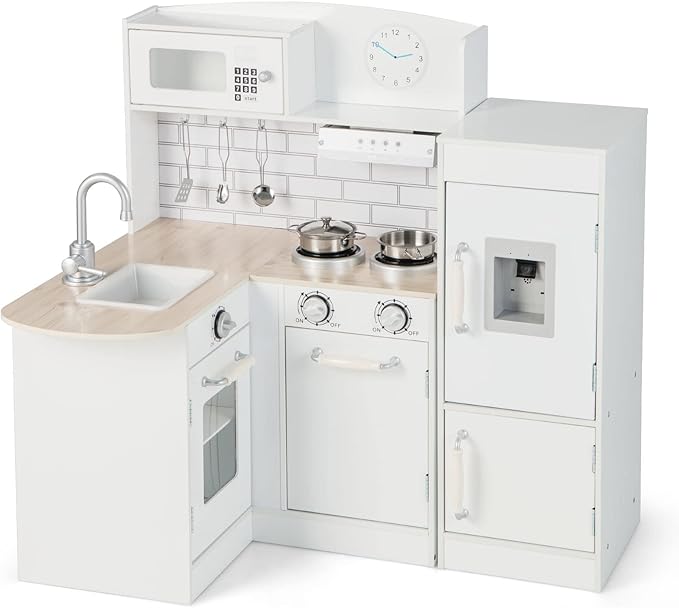 HONEY JOY Corner Kids Kitchen Playset, Little Chef Wooden Play Kitchen for Toddlers, Water Dispenser, Microwave, Range Hood, Refrigerator, Cookware, Modular Pretend Toy Kitchen Set w/Lights & Sounds