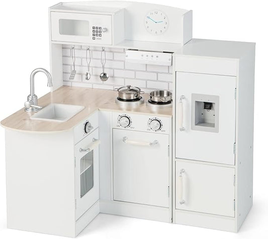 HONEY JOY Corner Kids Kitchen Playset, Little Chef Wooden Play Kitchen for Toddlers, Water Dispenser, Microwave, Range Hood, Refrigerator, Cookware, Modular Pretend Toy Kitchen Set w/Lights & Sounds