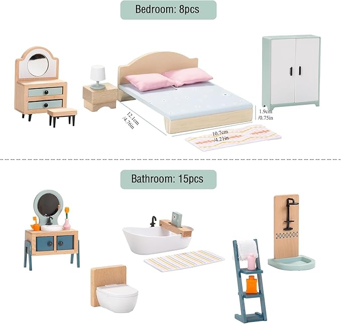 Giant bean 24 PCS Wooden Plastic Dollhouse Furniture Set, Bathroom and Bedroom Set, Wood Dollhouse Accessories Pretend Play Furniture Toys for Boys Girls & Toddlers