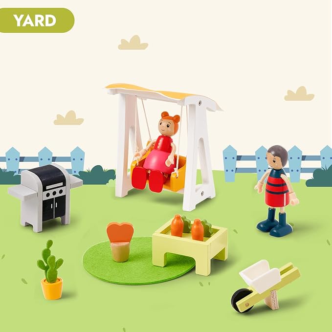 Giant bean 85pcs Wooden Plastic Dollhouse Furniture Set for 6 Rooms, Modern Dollhouse Accessories Pretend Play Furniture Toys Gift for Boys Girls Toddlers & Kids 3 4 5 6 7 Years and up