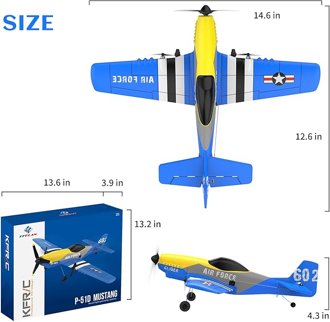 Rc Plane 3-Channel 2.4GHZ Rc Airplane, P51 Mustang Fighter with 2 Batteries, 6 Gyroscopes Stabilization System Easy to Fly Suitable for Beginners, Kids, Adults, Blue