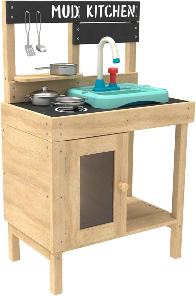 Mud Play Kitchen For Kids - Indoor, Outdoor Toddler Toys Wooden Kitchen Playset w/ Accessories, Sink with Faucet, Durable, Weatherproof, Chalkboard, Wood Burner Stencils, Easy Assembly, Age 3+