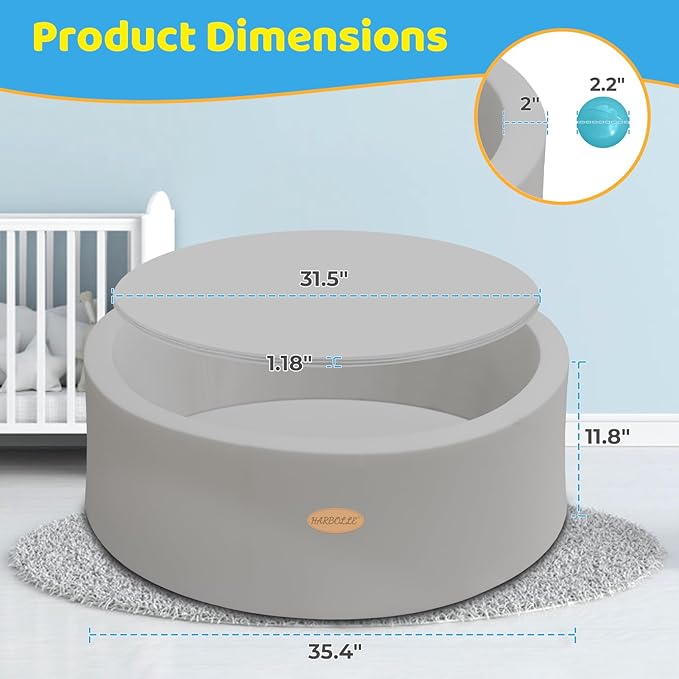 Baby Ball Pit 35.4" Soft Round Memory Foam Ball Pits NOT Included Balls Indoor Outdoor Playpen for Babies Toddlers Kids Great Gift for Girls Boys, Gray