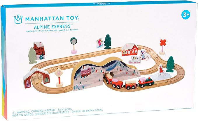 Manhattan Toy Alpine Express 49-Piece Wooden Toy Train Set with Scenic Accessories for Toddlers 3 Years and Up Multicolor