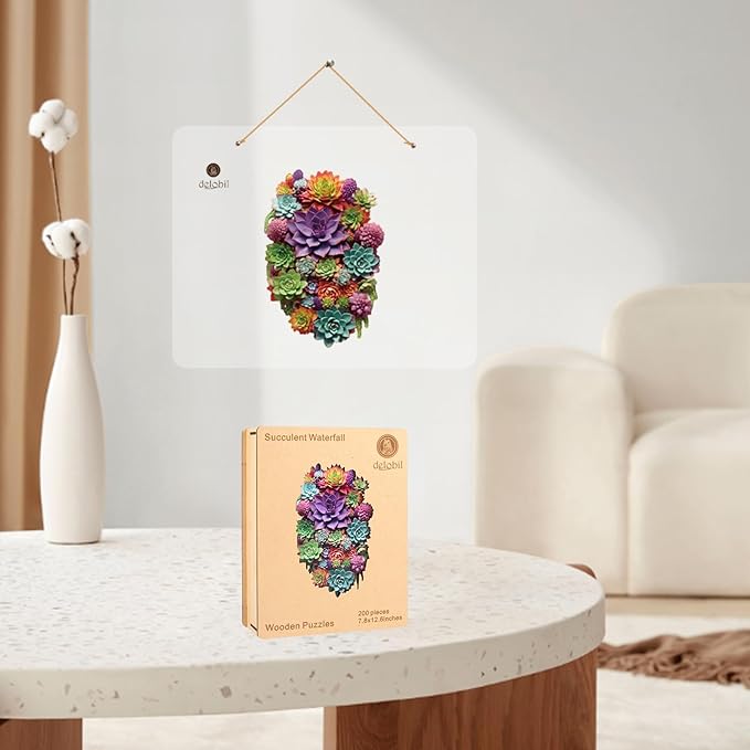 Succulent Waterfall Wooden Puzzles, 200 Pieces Jigsaw Puzzles 12.6'' x7.8'', Unique Design Liberty Wooden Puzzles for Adults and Kids, Family Game Gift Medium Size