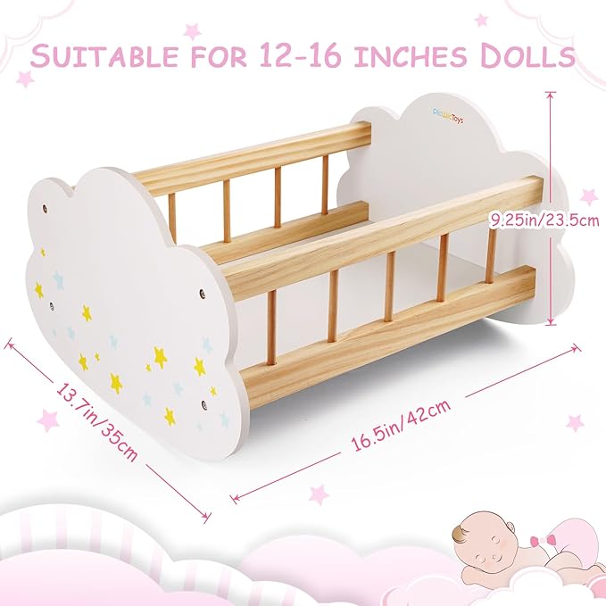 BABESIDE Wooden Baby Dolls Bed for 12-16 Inches Doll, Rocking Babys Doll Crib, Sleep Bed, Baby Dolls Accessories Furniture fit Newborn Dolls Boys&Girls
