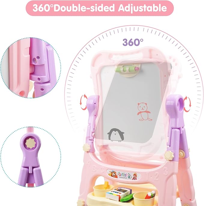 Amagoing Easel for Kids, Adjustable Standing Art Easel for Toddler, Double Side Magnetic Chalk Board with Painting Accessories, Birthday Christmas Gift for Little Boys and Girls, Middle Size Pink