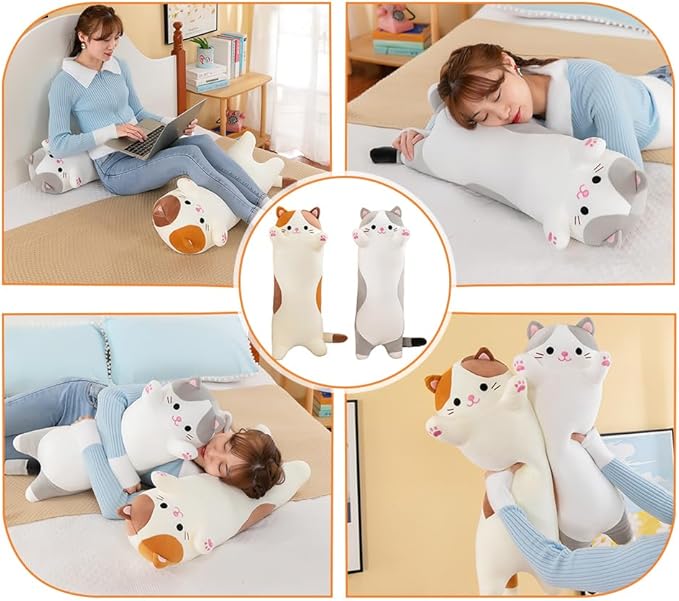 Cat Plush Stuffed Animals Cute Long Cat Body Pillow Plushies Soft Huggable Kitty Pillows for Girls Kids Adults Cat Lovers (New Gray, 27inch)