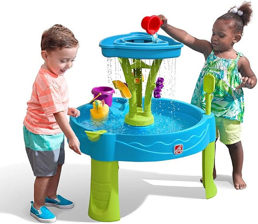 Step2 Summer Showers Splash Tower Water Table for Kids, Outdoor Kids Water Sensory Table, Ages 1.5+ Years Old, 8 Piece Water Toy Accessories, Blue & Green