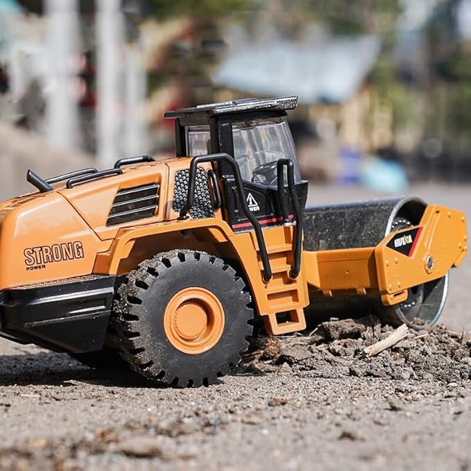Gemini&Genius Road Roller Toy for Kids, Heavy Duty Construction Vehicle Toys 1-50 Scale Alloy Road Trucks, Car Toys Collection, Display and Play Truck for Kids (Brown)