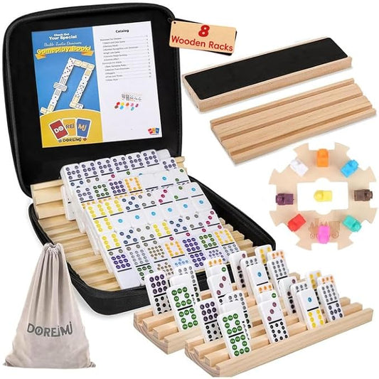 Upgraded Double 12 Mexican Train Dominoes Set with 8 Wooden Racks & 91 Number Tiles Portable Travel Board Game for Kids and Adults Family Game Night