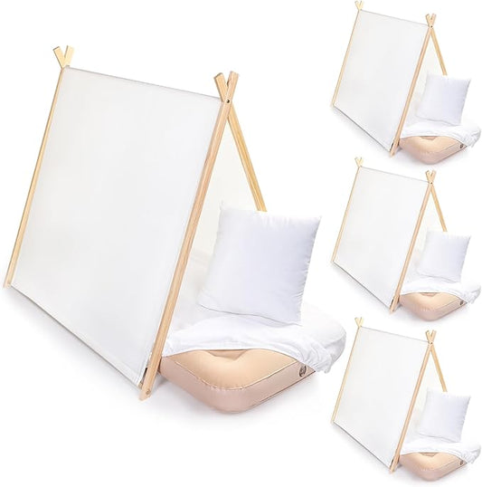 Teepee Tent for Kids with Inflatable Airbed, Fitted Sheet and Pillow Inserts Toddler Play Tent White Washable Foldable for Indoor Outdoor Boys Girls Slumber Party Sleepover Playhouse(4 Sets)