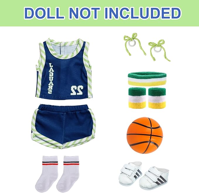 18 Inch Doll Clothes and Accessories - Basketball Clothes Sports Set Designed for 18 Inch Girl Doll Include Doll Clothes, Hair Bands, Bracers, Shoes, Socks and Basketball
