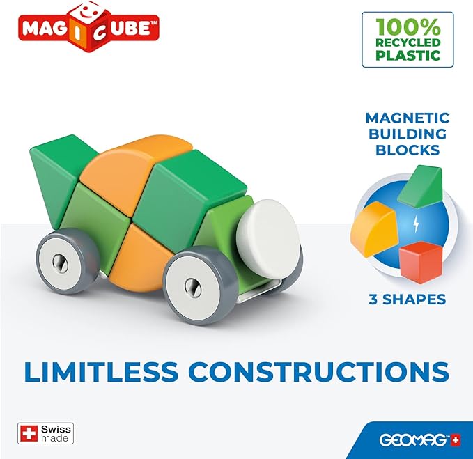 Geomag Swiss-Made MagiCube 13-Piece Magnetic Shapes & Wheels Building Set, Cars & Characters, Stacking Blocks for Toddlers & Kids Ages 1-5, STEM Educational Toy, Creativity, Imagination, Learning