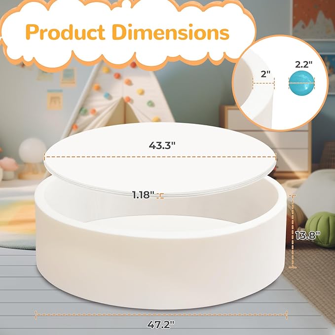 Baby Ball Pit 47.2" Soft Round Memory Foam Ball Pits NOT Included Balls Indoor Outdoor Playpen for Babies Toddlers Kids Great Gift for Girls Boys, White