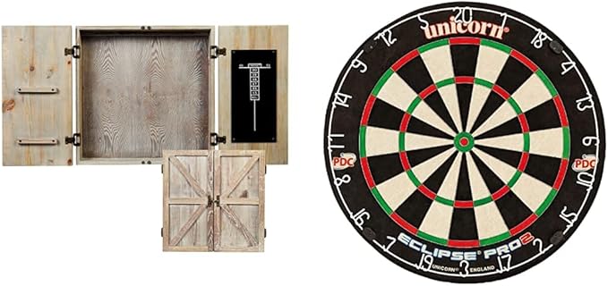 Unicorn Eclipse Pro 2 Bristle Steel Tip Dartboard with American Legend Dartboard Cabinets – Ultra-Slim Bullseye – High-Vis Rotatable Number Ring – 30% Thinner Wire