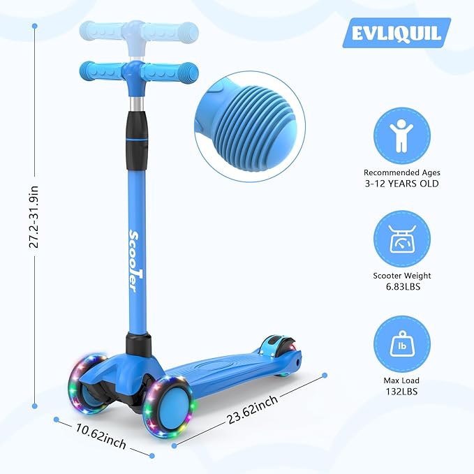 Kids Scooter,LED Lighted Wheels and 3 Adjustable Height Handlebars Scotters for Kids 3-12,3 Wheel Toddler Kick Scotter for Boys & Girls up to 132 Lbs.