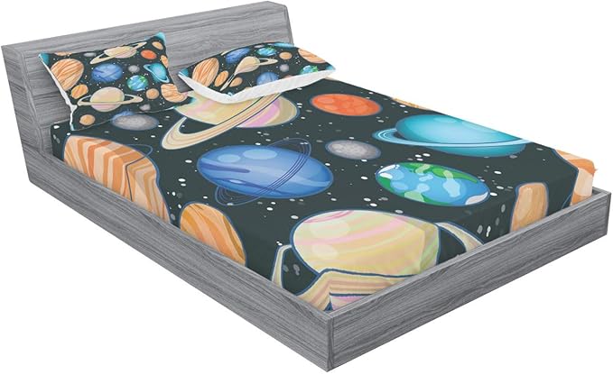 Ambesonne Galaxy Fitted Sheet & Pillow Sham Set, Galaxy Space Art Solar System Planets Mars Mercury Uranus Jupiter Venus Kids Print, Decorative Printed 3 Piece Bedding Decor Set, Full, Salmon