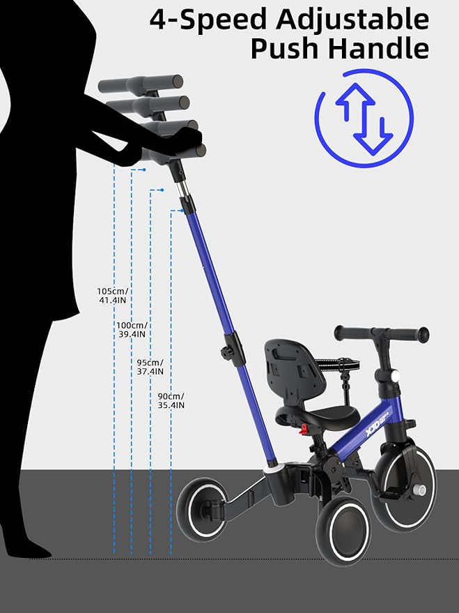 XJD Toddler Bike, 6 in 1 Folding Toddler Tricycle for 1-4 Year Old with Push Handle, Balance Bike with Removable Pedal,Backrest, Adjustable Seat Height and Handle, First Birthday Gifts (Blue)