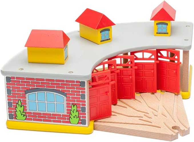 inc. Wooden Train Round House with 5-Way Switch Track for Kids, Wood Train Shed with 5 Doors. Houses 5 Engines & Cars, Compatible with Major Brand Wooden Railways