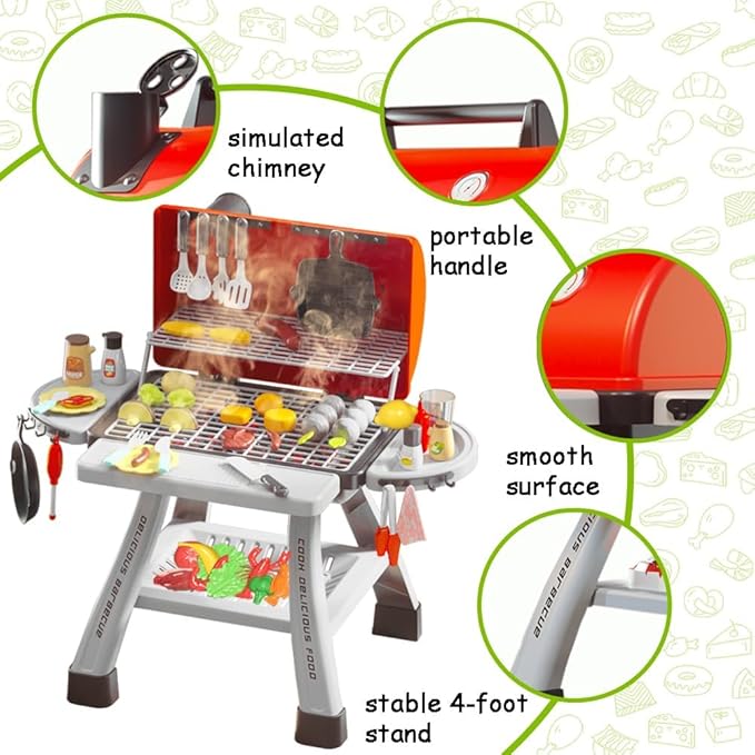 Barbecue Grill Toy Set, Kids BBQ Grill Playset with Smoke Sound Light Simulation Camping Cooking Interactive Toys Christmas Birthday Gift for Toddlers Girls Boys 2-6