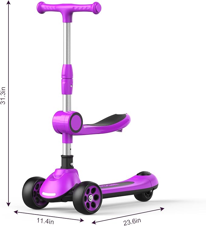 Kids Kick Scooter,Adjustable Height Handlebars and Removable Seat Scooters for Kids,3 Lighted Wheels Anti-Slip Deck Toddler Scooter for Boys & Girls Aged 3-12 up to 132 Lbs.