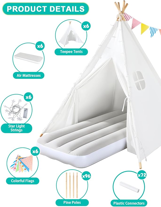 Teepee Tent for Kids Slumber Party 6 Pack - Inflatable Airbed & Star Lights & Colored Flag - Indoor Outdoor Toddler Play Tent for Girls Boys Birthday Gifts Sleepover Party (White)
