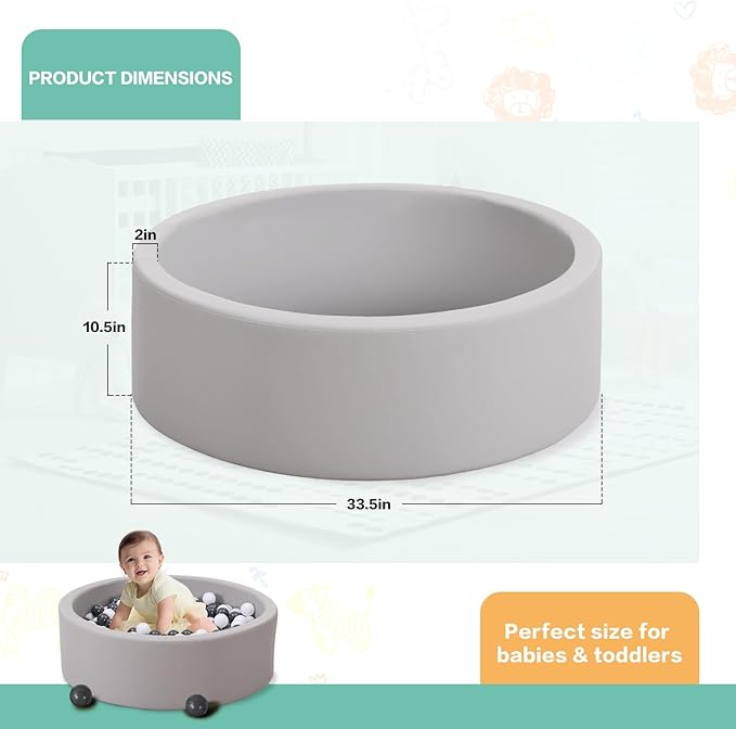 Foam Ball Pit for Toddlers: Soft PU Leather Baby Ball Pit - Indoor Outdoor Baby Playpen Ball Pool for Kids Toy for Children (Gray, NO Balls)