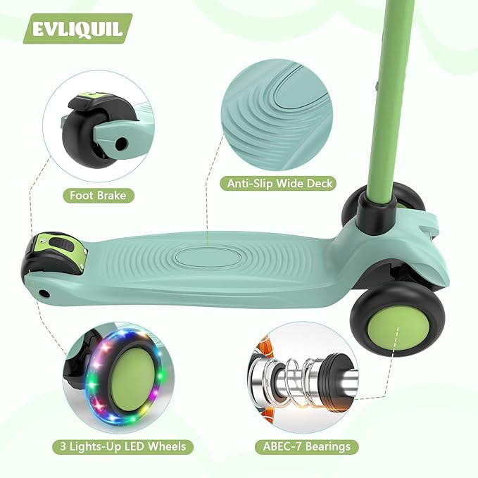 Kids Scooter,LED Lighted Wheels and 3 Adjustable Height Handlebars Scotters for Kids 3-12,3 Wheel Toddler Kick Scotter for Boys & Girls up to 132 Lbs.