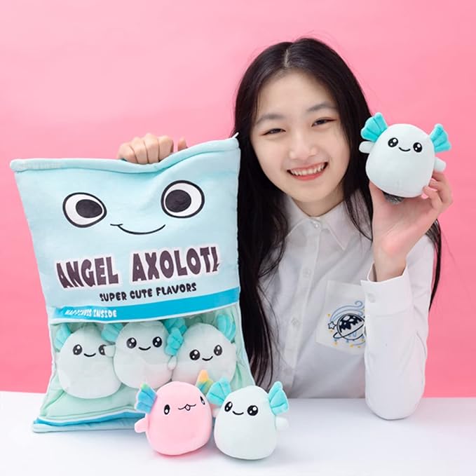 ARELUX Cute Axolotl Plush Pillow:Removable Stuffed Animal Bag Plushie 6Pcs Sets Stuffed Salamander Throw Pillow Soft Blue Axolotl Plush Toys Doll Creative Birthday Friends Family Member