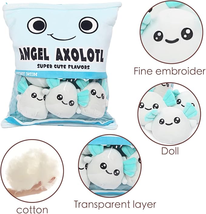 ARELUX Cute Axolotl Plush Pillow:Removable Stuffed Animal Bag Plushie 6Pcs Sets Stuffed Salamander Throw Pillow Soft Blue Axolotl Plush Toys Doll Creative Birthday Friends Family Member