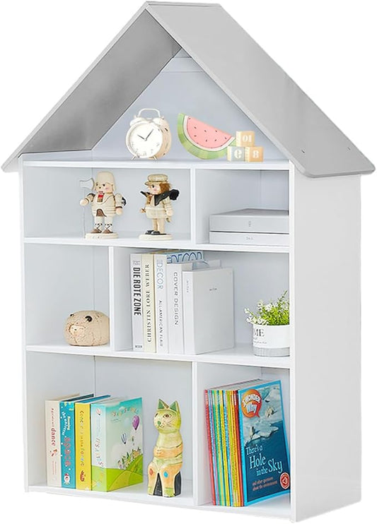 Wooden Dollhouse Bookshelf 4-Tier Children's Bookcase Display Storage Doll House Organizer Furniture for Kids Bedroom Playroom Nursery Kindergarten Gift for Girls Boys Ages 3-8 Years Old